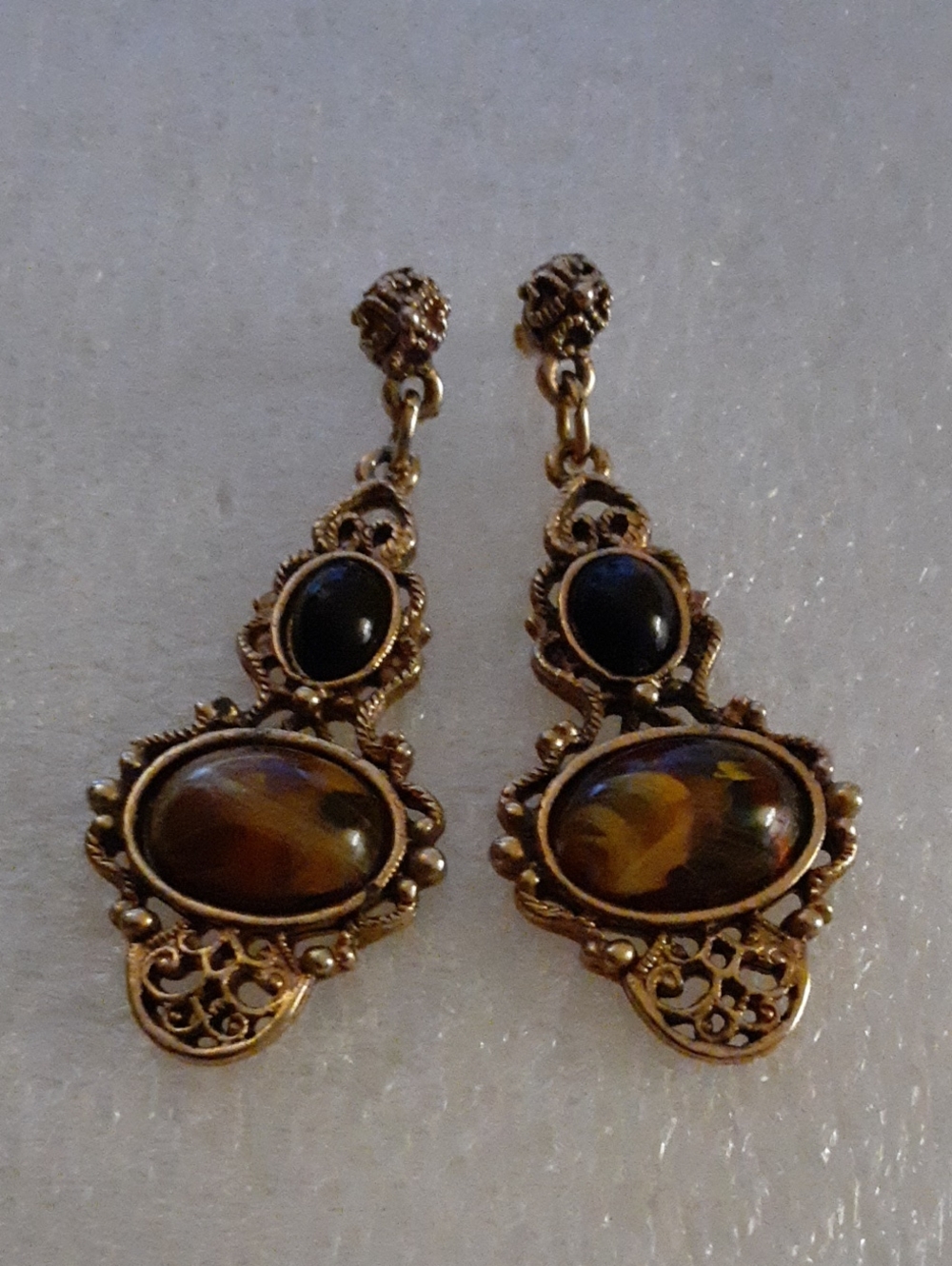 Gold-Tone Filigree Drop Earrings with Brown Marbled Stones Victorian Style.